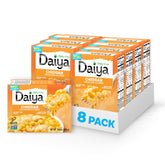 Daiya empaque frontal mostrando mac & cheese cheddar deluxe y beneficios