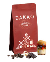 Dakao frente del paquete mostrando diseño y peso 12 oz, conveniencia de grano entero