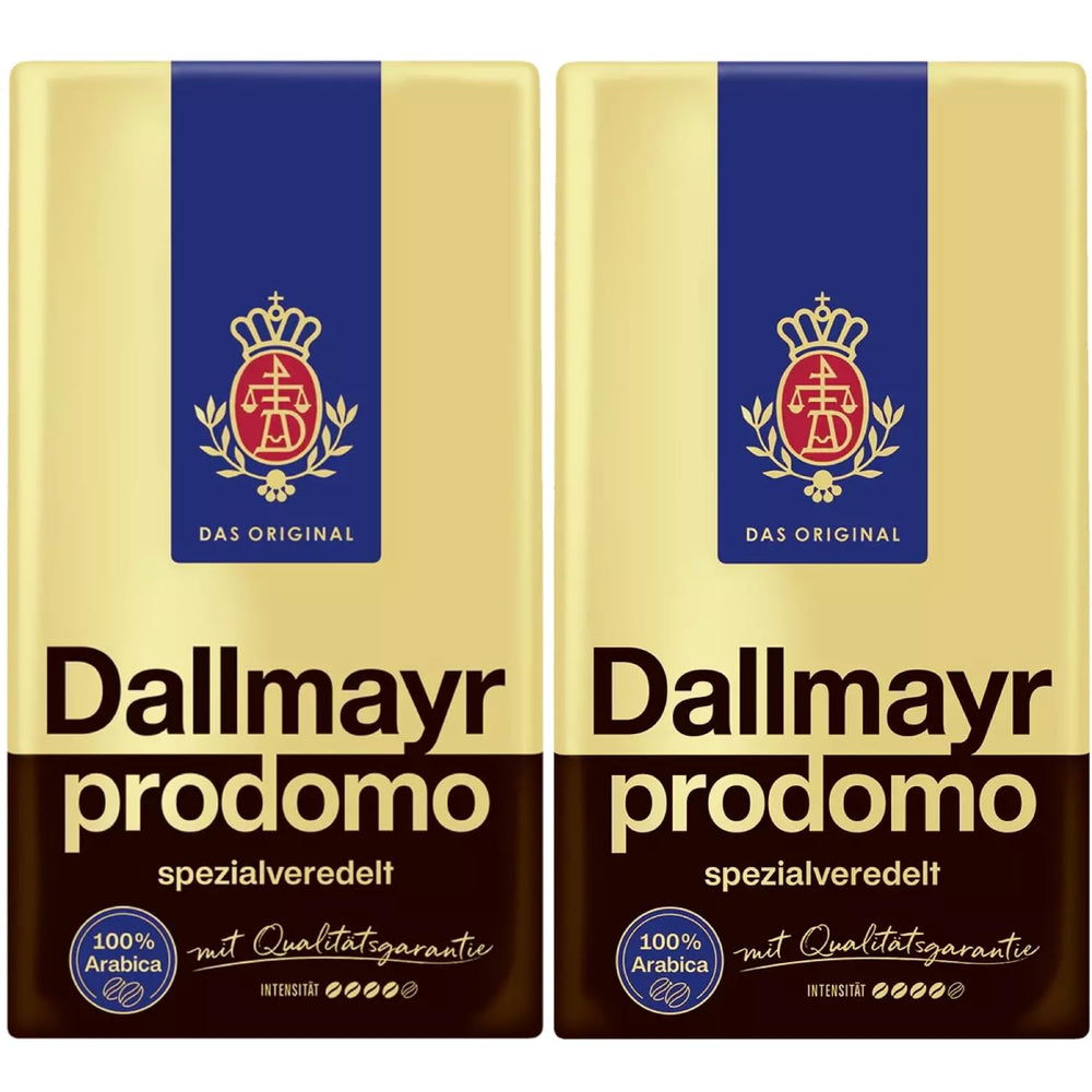 Dallmayr paquete frontal mostrando marca y tamaño, transmite calidad premium