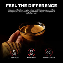 Danger Coffee detalle de molido que resalta textura y pureza probada, ideal para extracción uniforme