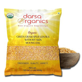 Darsa Organics paquete frontal del moong dal amarillo orgánico mostrando marca y tamaño