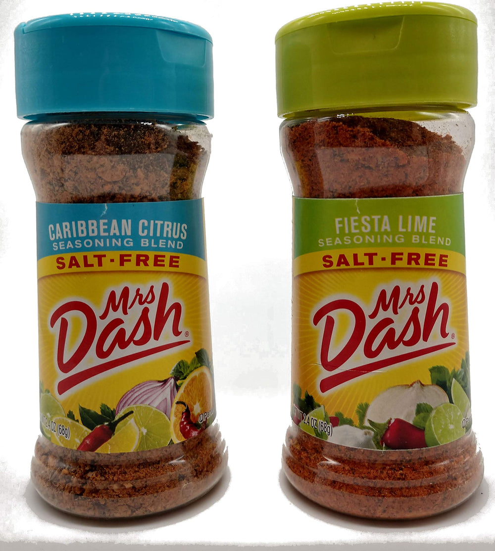 Mrs. Dash Caribbean Citrus frasco frente mostrando etiqueta y beneficio sabor sin sal