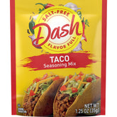 Dash frente del empaque del sazonador taco sin sal mostrando etiqueta y tamaño