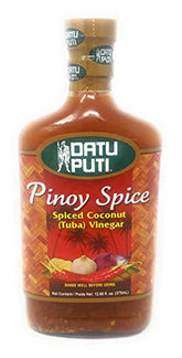 Datu Puti botella frontal con vinagre especiado lista para servir y realzar platos