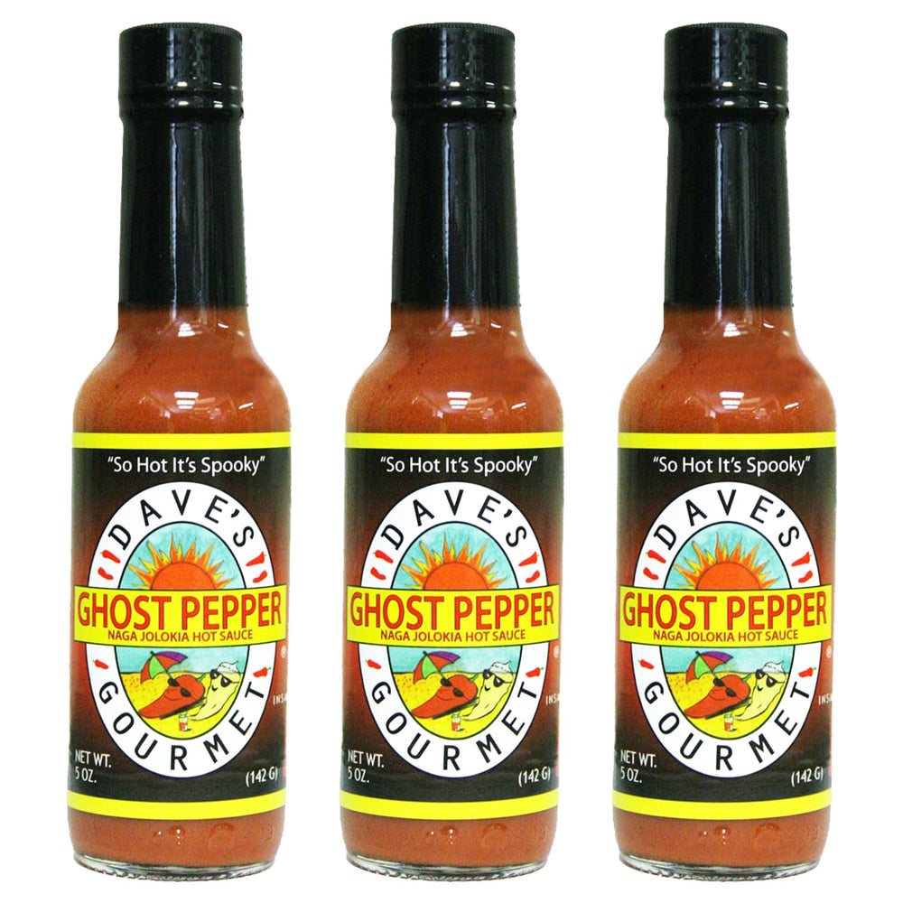 Dave's Gourmet frente pack de 3 mostrando botellas y etiqueta clara