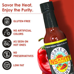 Dave's Gourmet Ghost Pepper Naga Jolokia detalle de etiqueta y chile, calor persistente