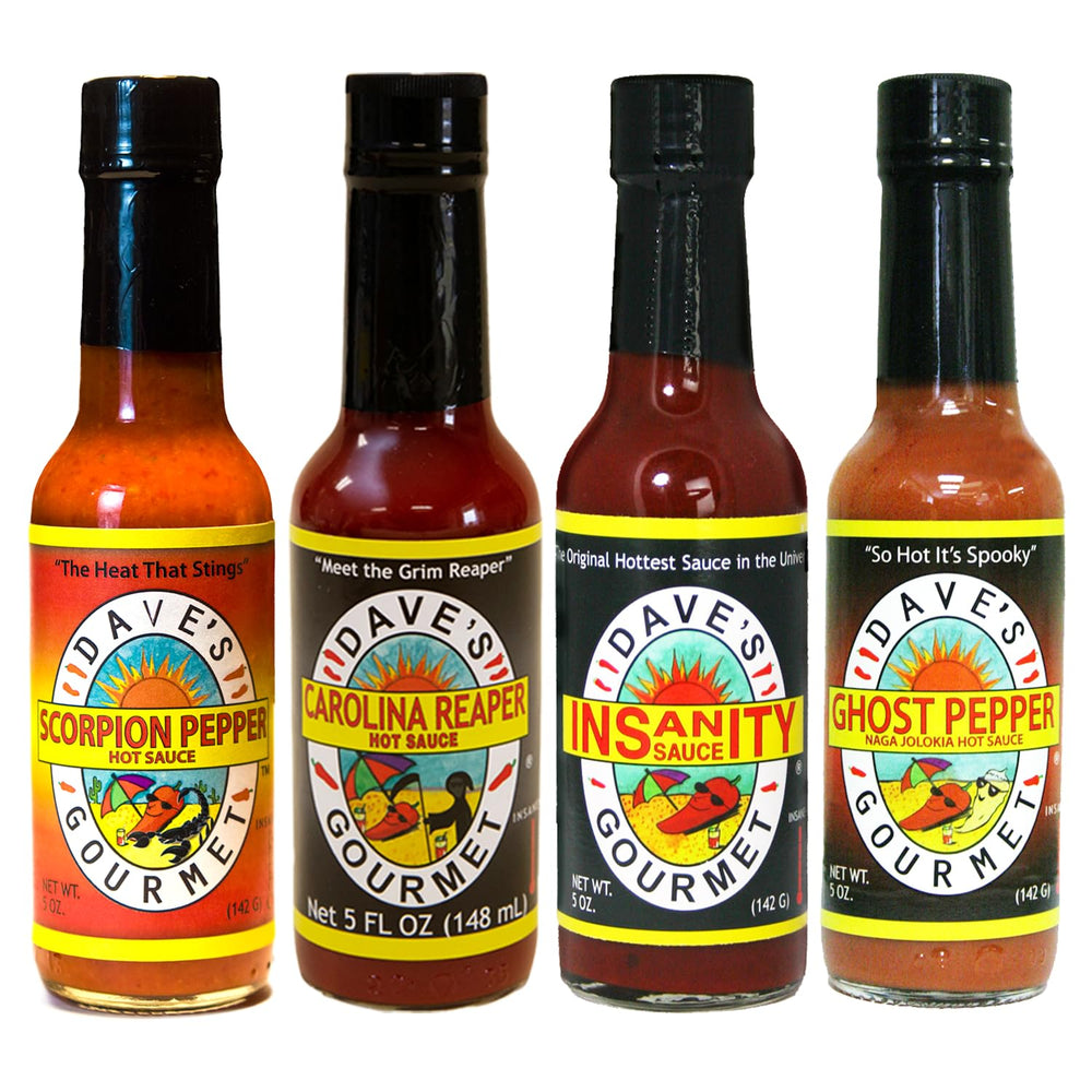 Dave's Gourmet pack frontal mostrando las cuatro botellas, ideal para probar intensidades