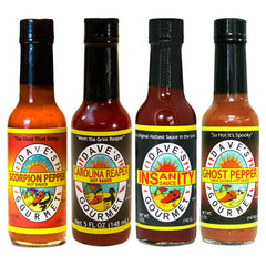 Dave's Gourmet pack frontal mostrando las cuatro botellas, ideal para probar intensidades