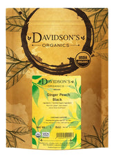 Davidson's empaque frontal del té Ginger Peach mostrando marca y beneficio orgánico