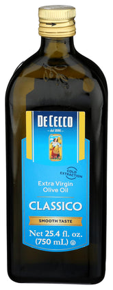 De Cecco aceite virgen extra vista frontal y botella, añade sabor confiable