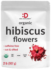 DEAL SUPPLEMENT empaque frontal de hibisco orgánico mostrando etiqueta clara