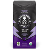 Death Wish Coffee frente del paquete que muestra el diseño y fuerza