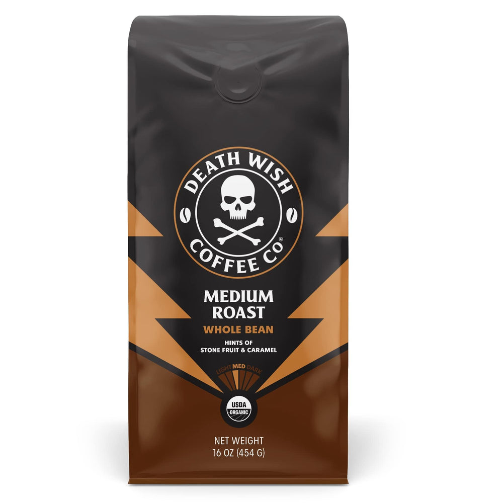 Death Wish Coffee frente del empaque mostrando 16 oz y aspecto premium