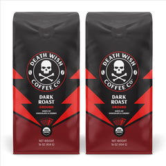 Death Wish Coffee frente del empaque mostrando pack doble y conveniencia
