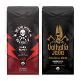 Death Wish Coffee frente del paquete mostrando certificaciones y diseño impactante