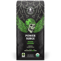 Death Wish Coffee empaque frontal mostrando el sello de alto contenido energético