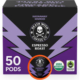 Death Wish Coffee frente de caja de 50 cápsulas, presentación práctica