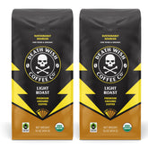 Death Wish Coffee frente del empaque mostrando marca y tipo tostado claro