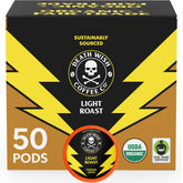 Death Wish Coffee envase frontal mostrando 50 cápsulas y beneficio de conveniencia