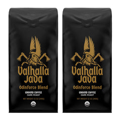 Death Wish Coffee empaque frontal Valhalla Java mostrando etiquetas orgánico y Fair Trade