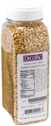 DecoPac frasco frontal de Quins dorados mostrando diseño práctico y cantidad