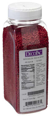 DecoPac frasco frontal de sprinkles rojos con tapa resellable mostrando tamaño