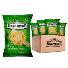 Deep River frente del paquete Zesty Jalapeno con vista clara del diseño y beneficio crujiente
