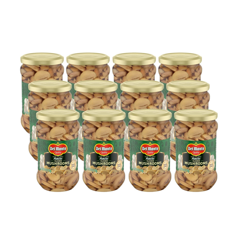 Del Monte frasco frontal mostrando champiñones listos para usar y conveniencia