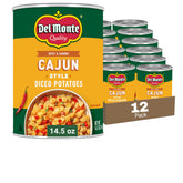 Del Monte frente de lata de papas cajún mostrando marca y conveniencia
