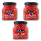 DeLallo frasco frontal con pimientos gotas mostrando etiqueta y uso gourmet