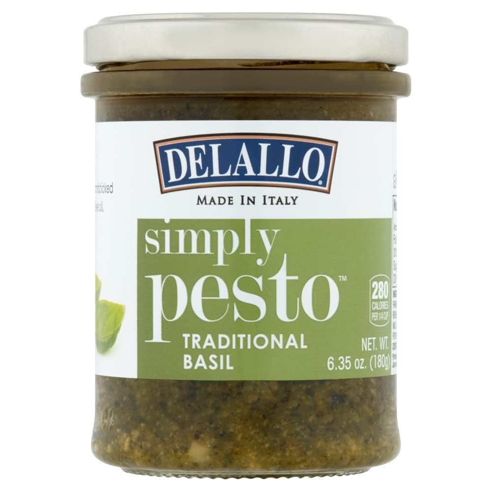 DeLallo pesto olive oil vista frontal del frasco y etiqueta clara, sabor auténtico