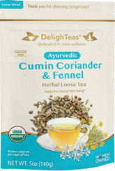 DelighTeas empaque frontal mostrando mezcla CCF y claridad orgánica