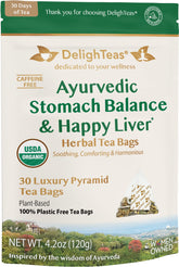 DelighTeas paquete frontal mostrando bolsitas compostables y beneficios ecológicos