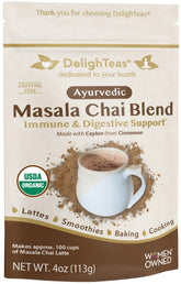 DelighTeas empaque frontal del Masala Chai, formato 4oz, ideal para preparar chai sin cafeína
