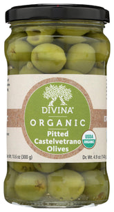 Divina bote frontal mostrando aceitunas Castelvetrano orgánicas y etiqueta clara