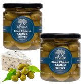 Divina frasco frontal de aceitunas rellenas mostrando etiqueta elegante y conveniencia