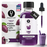Dolce Flav botella frontal de 2 oz mostrando el extracto ube y diseño claro