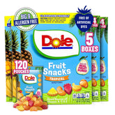 Dole Fruit Snacks vista frontal del paquete con 5 cajas, conveniencia para escuela