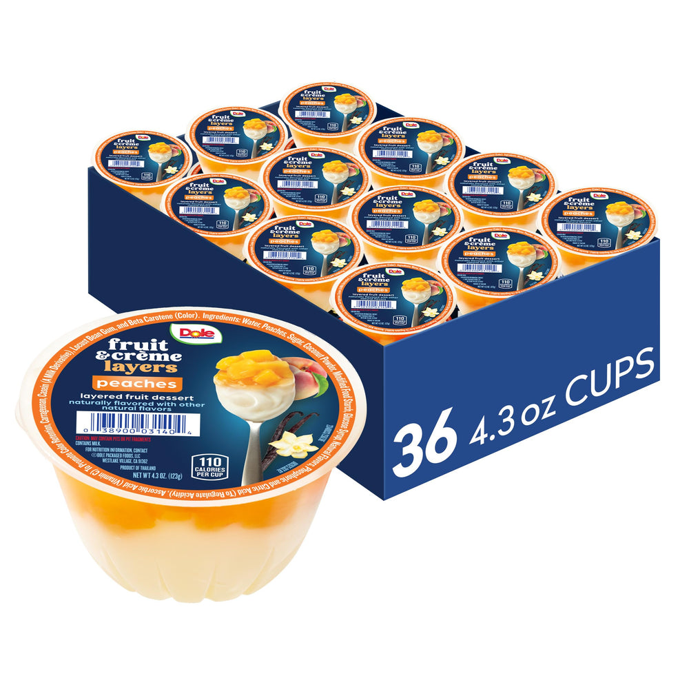 Dole vaso frontal mostrando capas de crème y durazno, atractivo y listo para comer