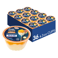 Dole vaso frontal mostrando capas de crème y durazno, atractivo y listo para comer