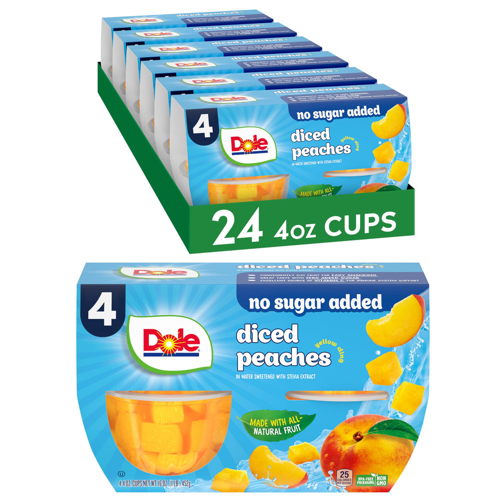 Dole vaso frontal mostrando duraznos listos para comer y facilidad