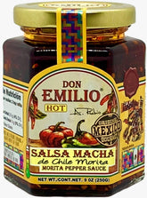 Don Emilio frasco frontal de Morita Salsa Macha mostrando etiqueta y color