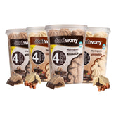 Don't Worry empaque frontal doble chocolate con avellana, muestra diseño y beneficio