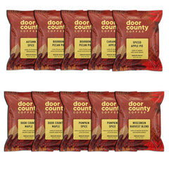 Door County Coffee caja frontal con sampler otoñal, facilita escoger sabores