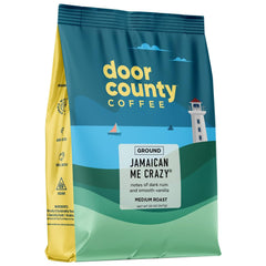 Door County Coffee bolsa Jamaican Me Crazy frontal mostrando sabor a ron y vainilla