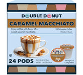 Double Donut Coffee embalaje frontal Caramel Macchiato mostrando 24 cápsulas y beneficio conveniencia