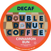Double Donut caja frontal de 24 cápsulas, muestra del sabor cinnamon bun y conveniencia