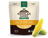 Doudlah Farms empaque frontal de harina de maíz orgánica mostrando beneficio de pureza