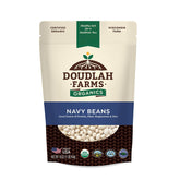 Doudlah Farms paquete frontal mostrando frijoles Navy orgánicos y beneficio de limpieza