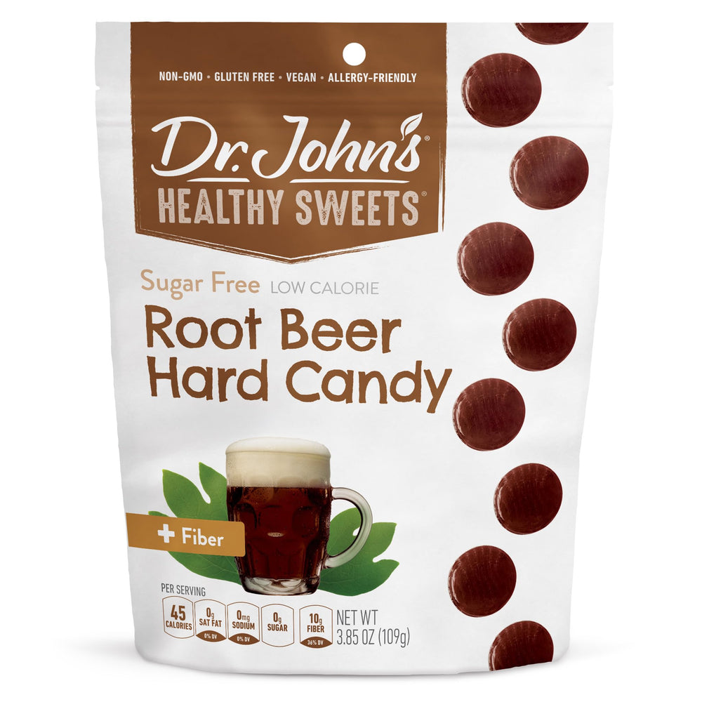 Dr. John's empaque frontal mostrando sabor root beer y vida útil prolongada